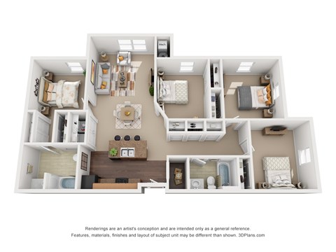 A 3D floor plan of a house with a kitchen, living room, dining room, and two bedrooms.